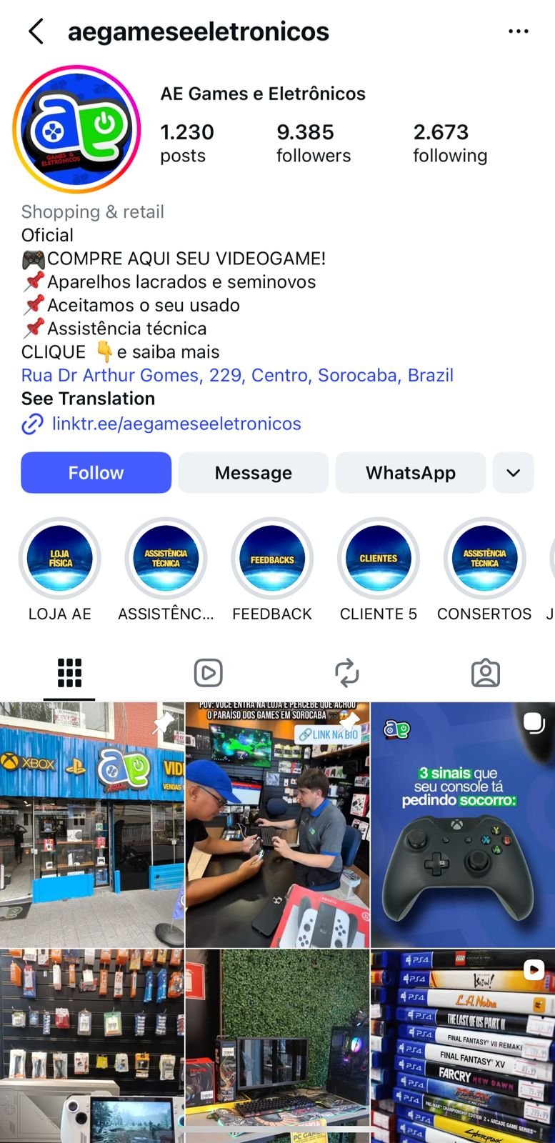Perfil do Instagram @aegameseeletronicos
